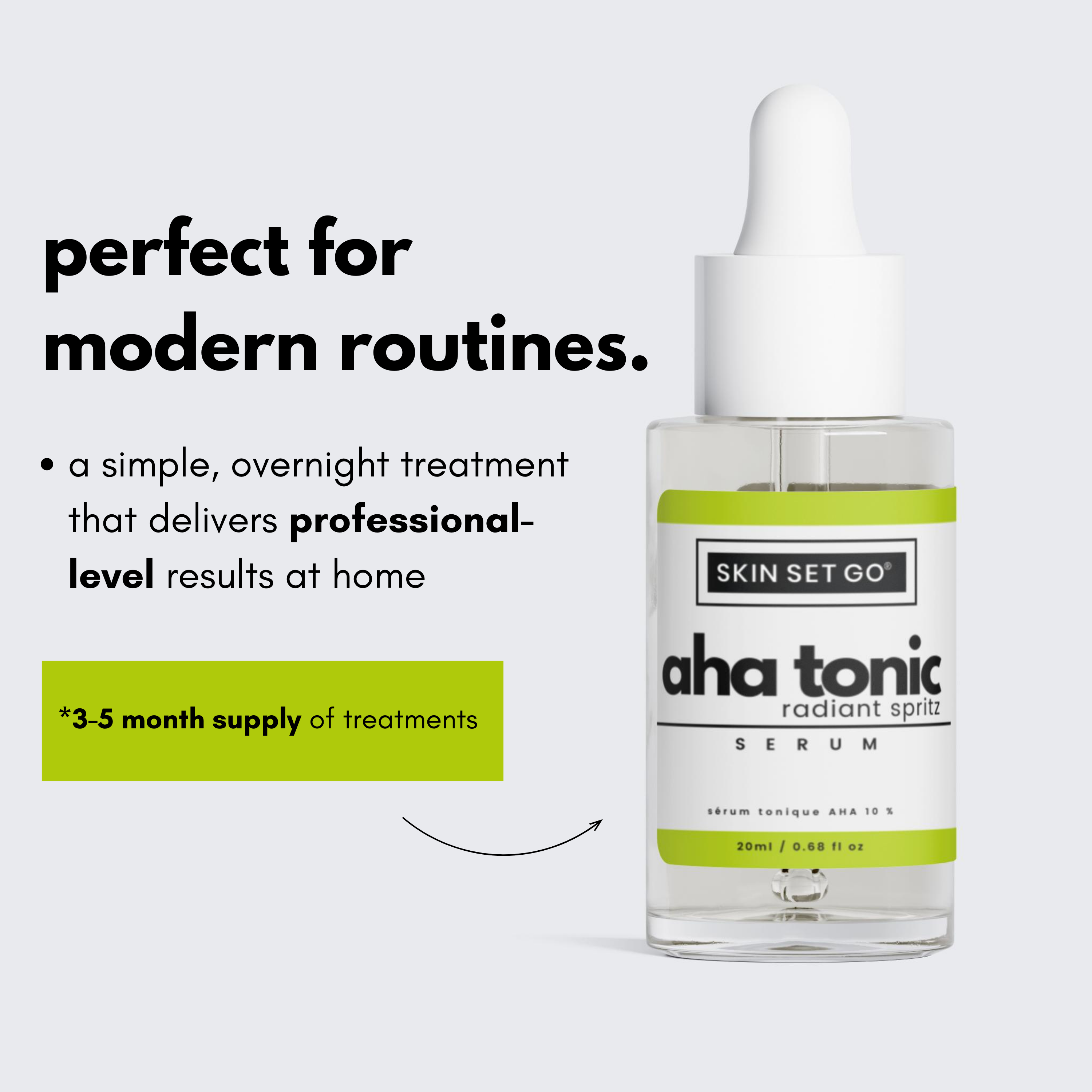 aha tonic radiant spritz front serum bottle with text. Lactic acid serum