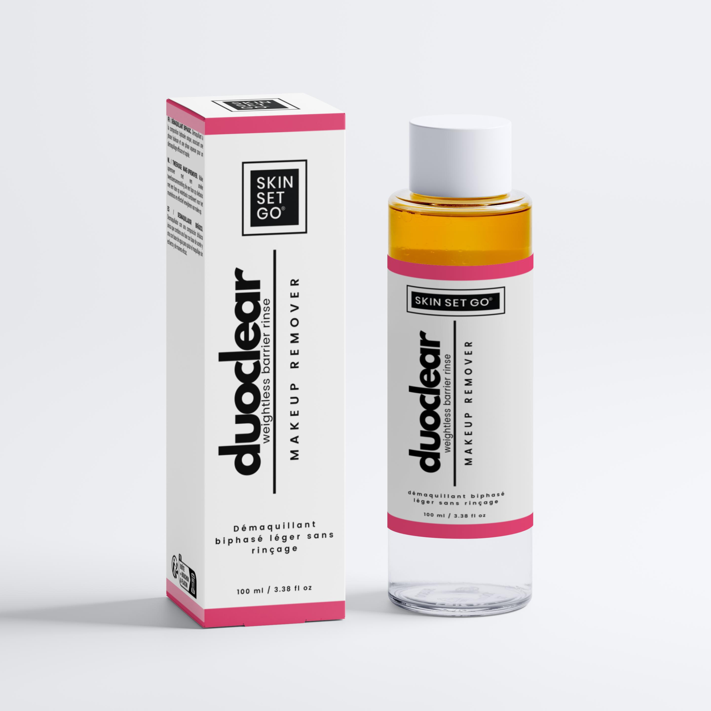 duoclear water and oil makeup remover bottle and box
