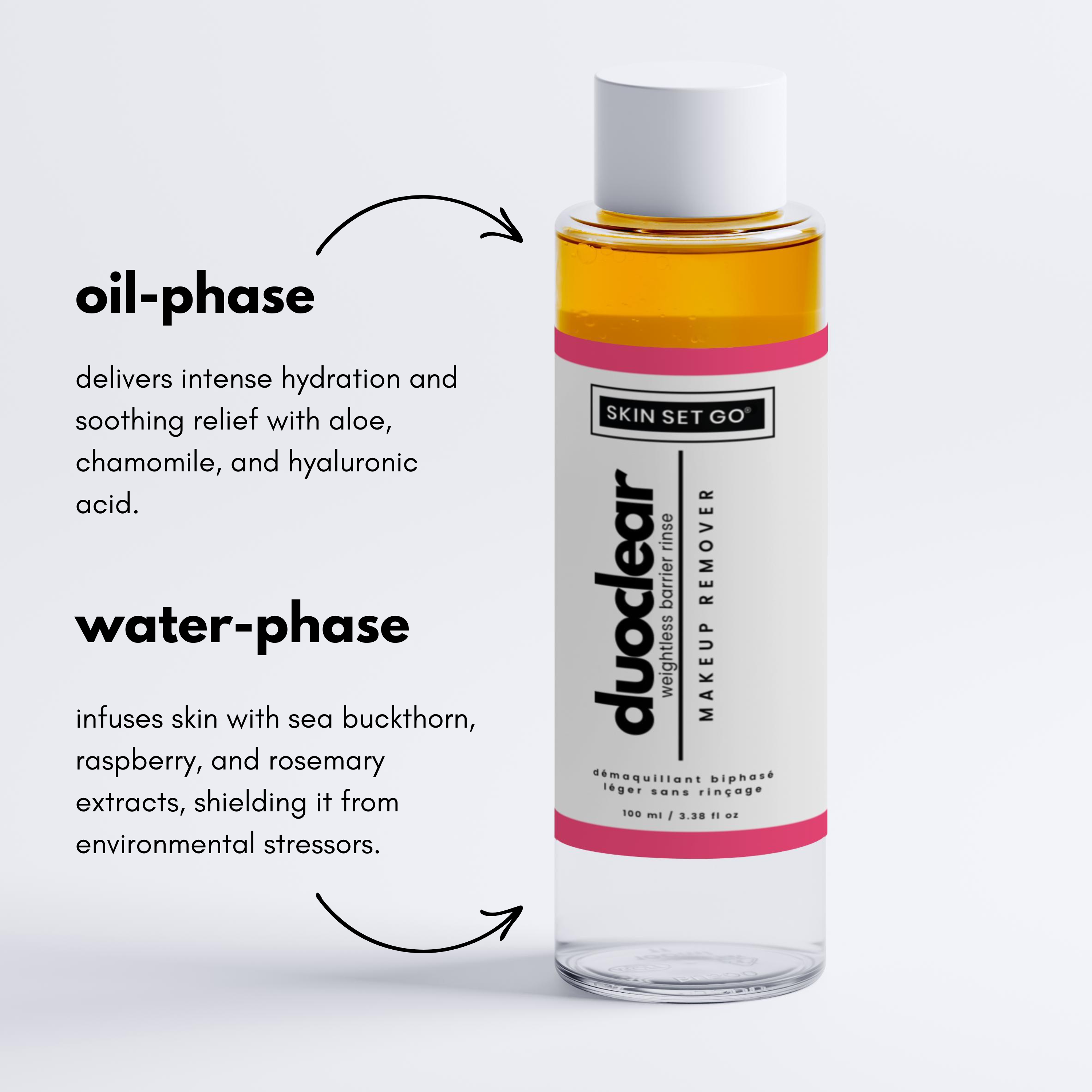 oil and water phase explanation next to makeup remover bottle duoclear