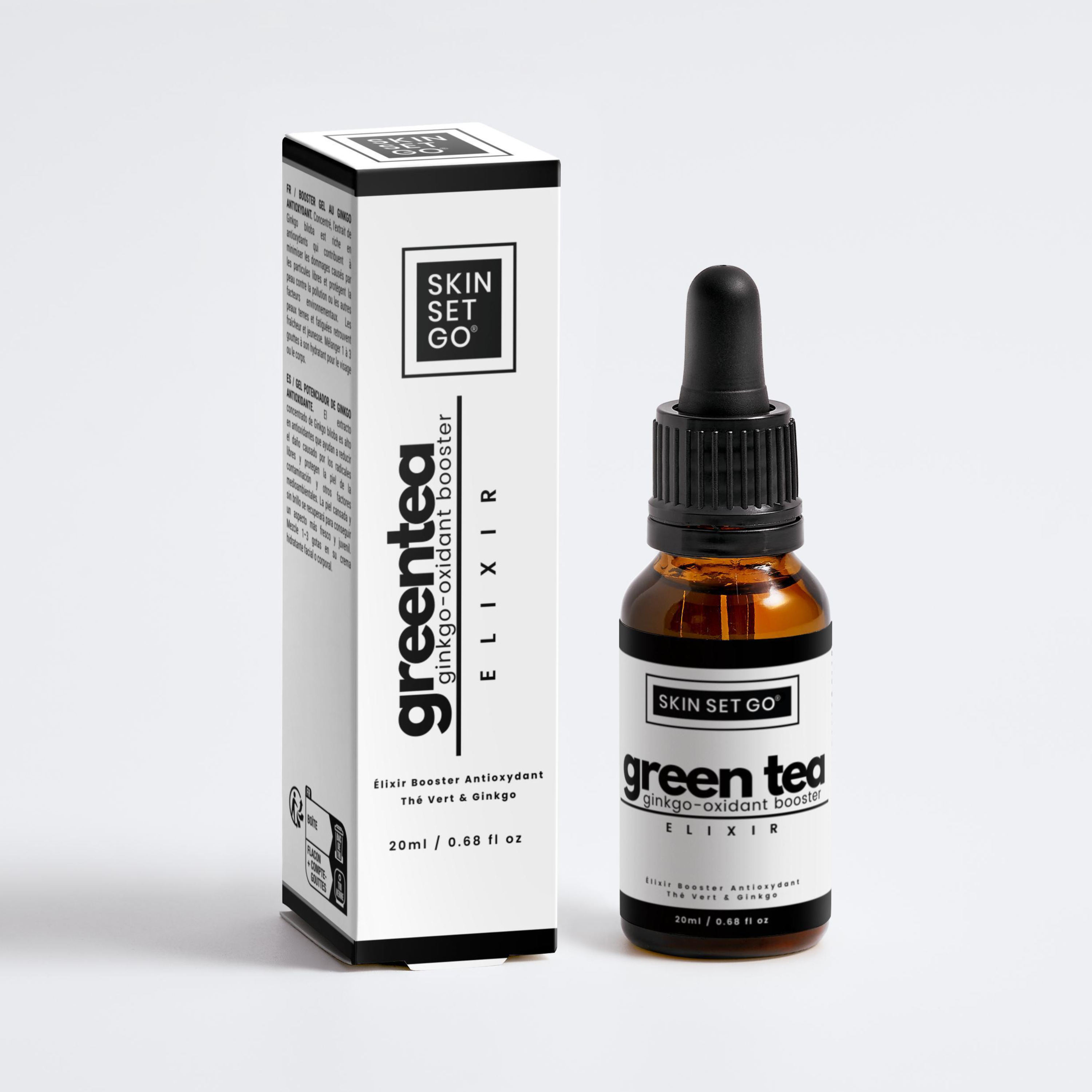 green tea antioxidant serum skinsetgo skincare - front box and serum bottle