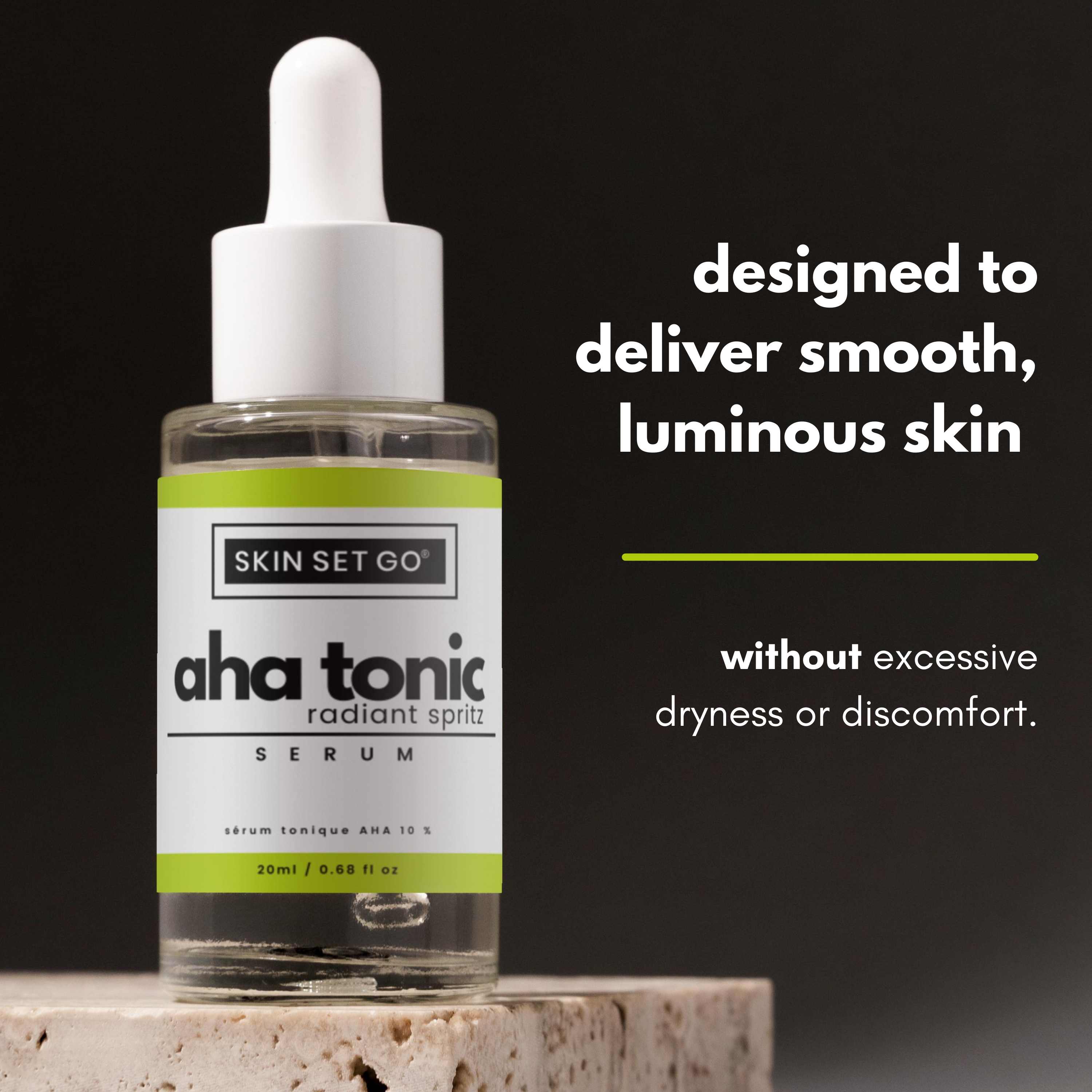 designed to deliver smooth and luminous skin text next to skinsetgo aha tonic serum