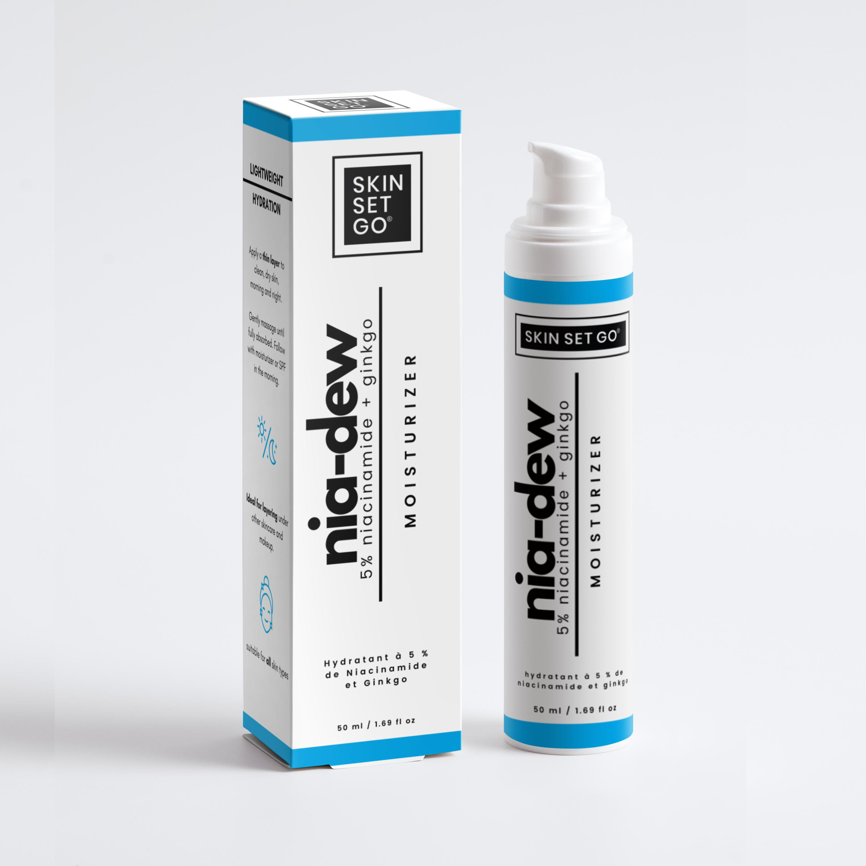 nia dew skinsetgo niacinamide moisturizer front box and bottle. Blue, black, and white colors.