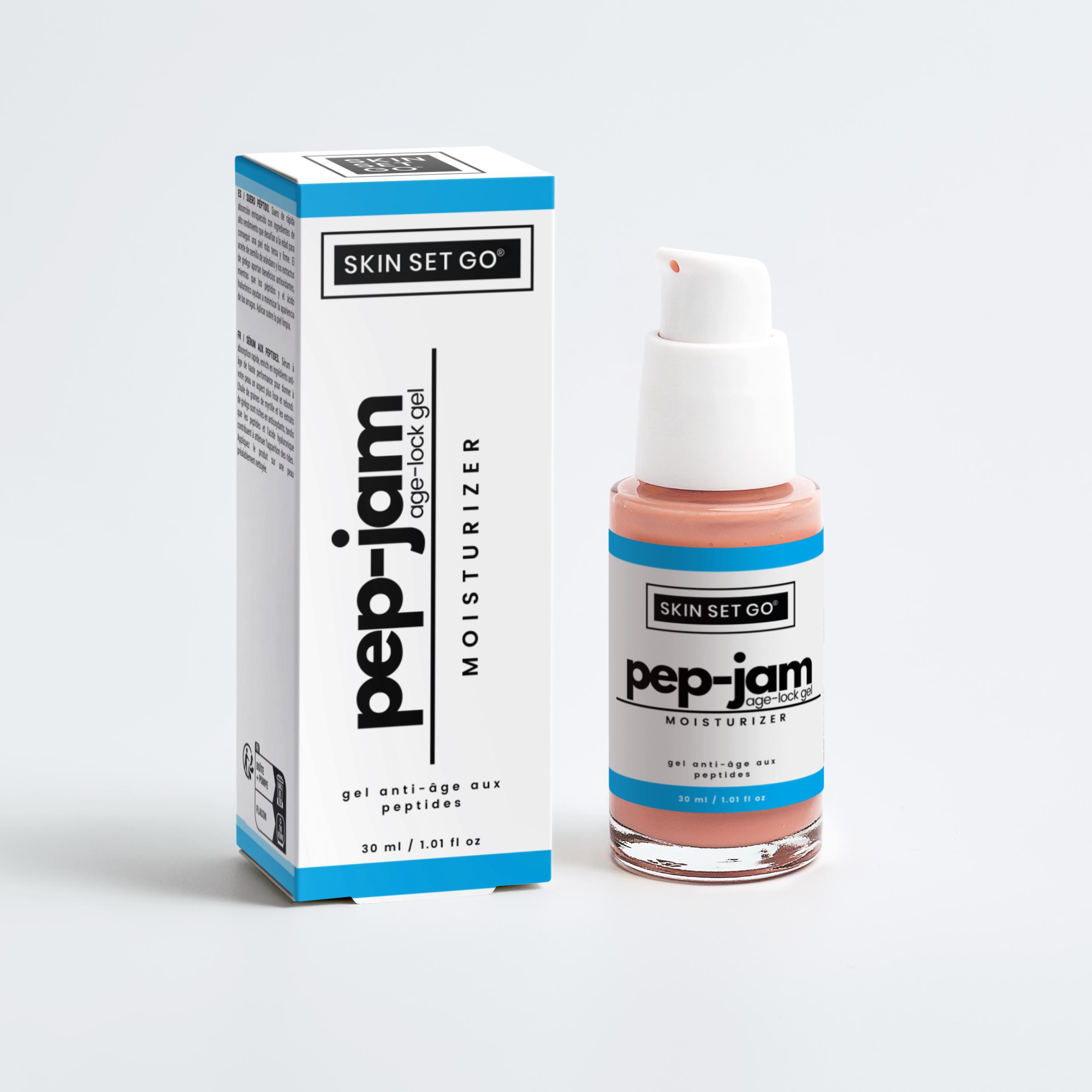 pep-jam peptide serum moisturizer hybrid from skinsetgo front view box and glass bottle.