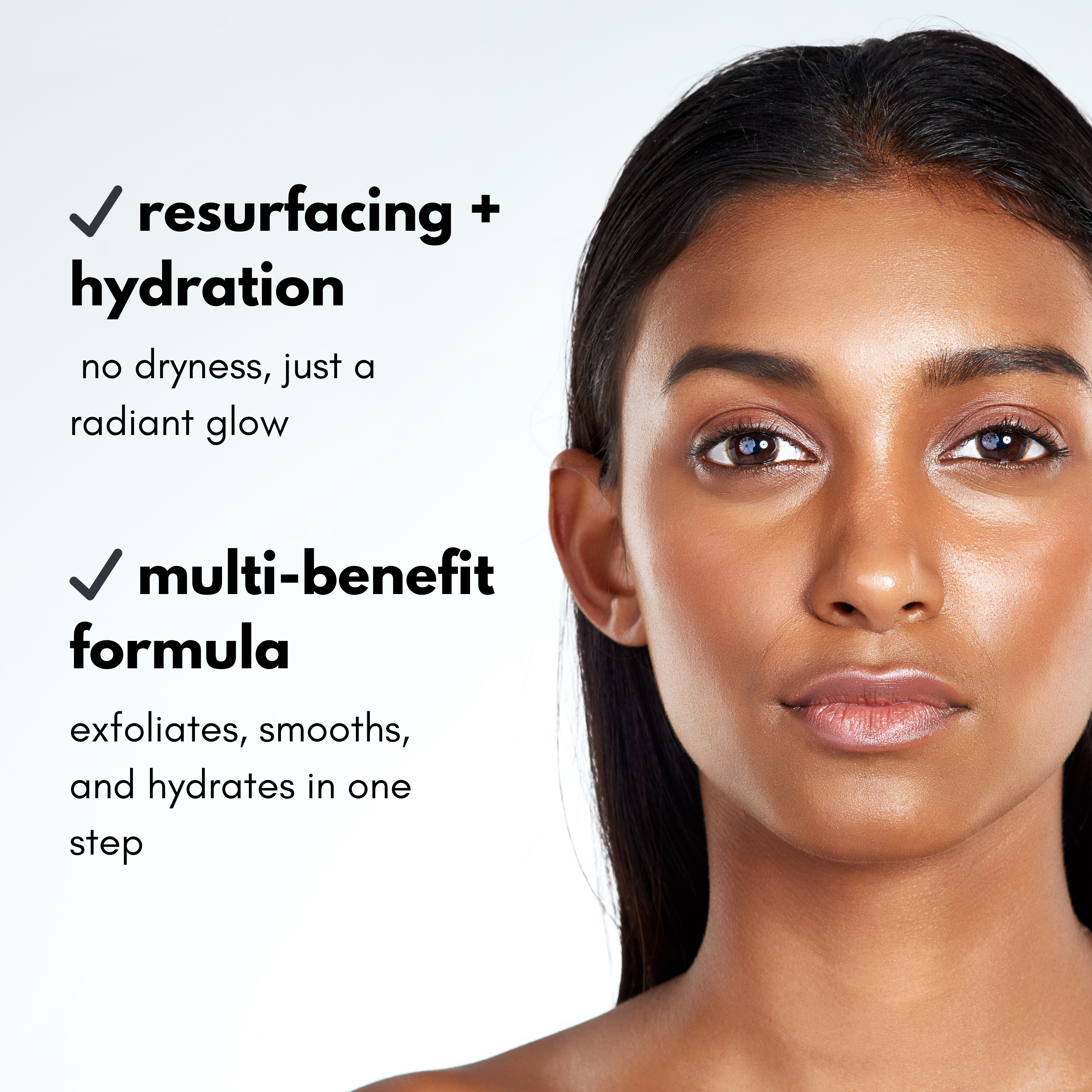 woman with dewy skin with benefits text to the left of her for using lactic acid aha tonic skinsetgo