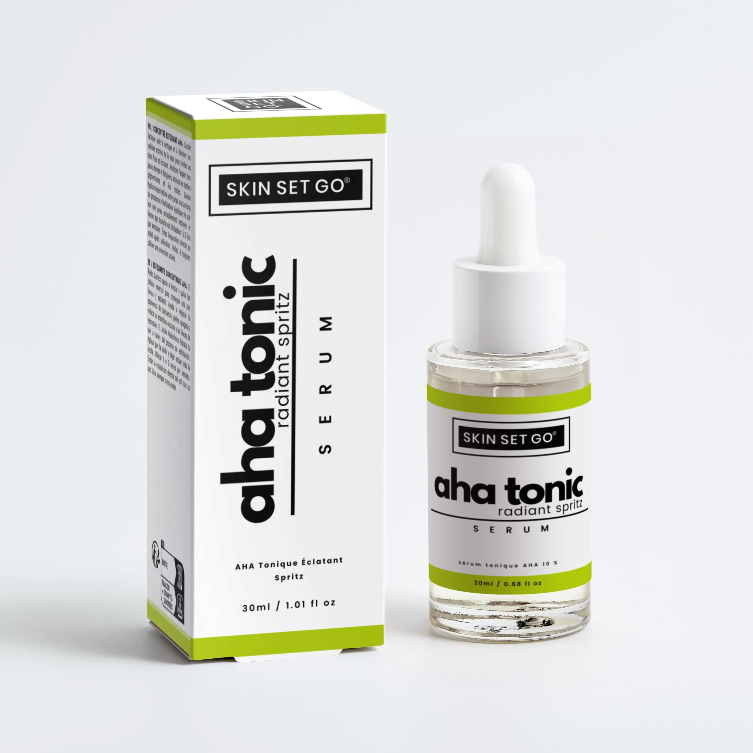 lactic acid serum with hyaluronic acid called aha tonic from skinsetgo. Box and serum. 