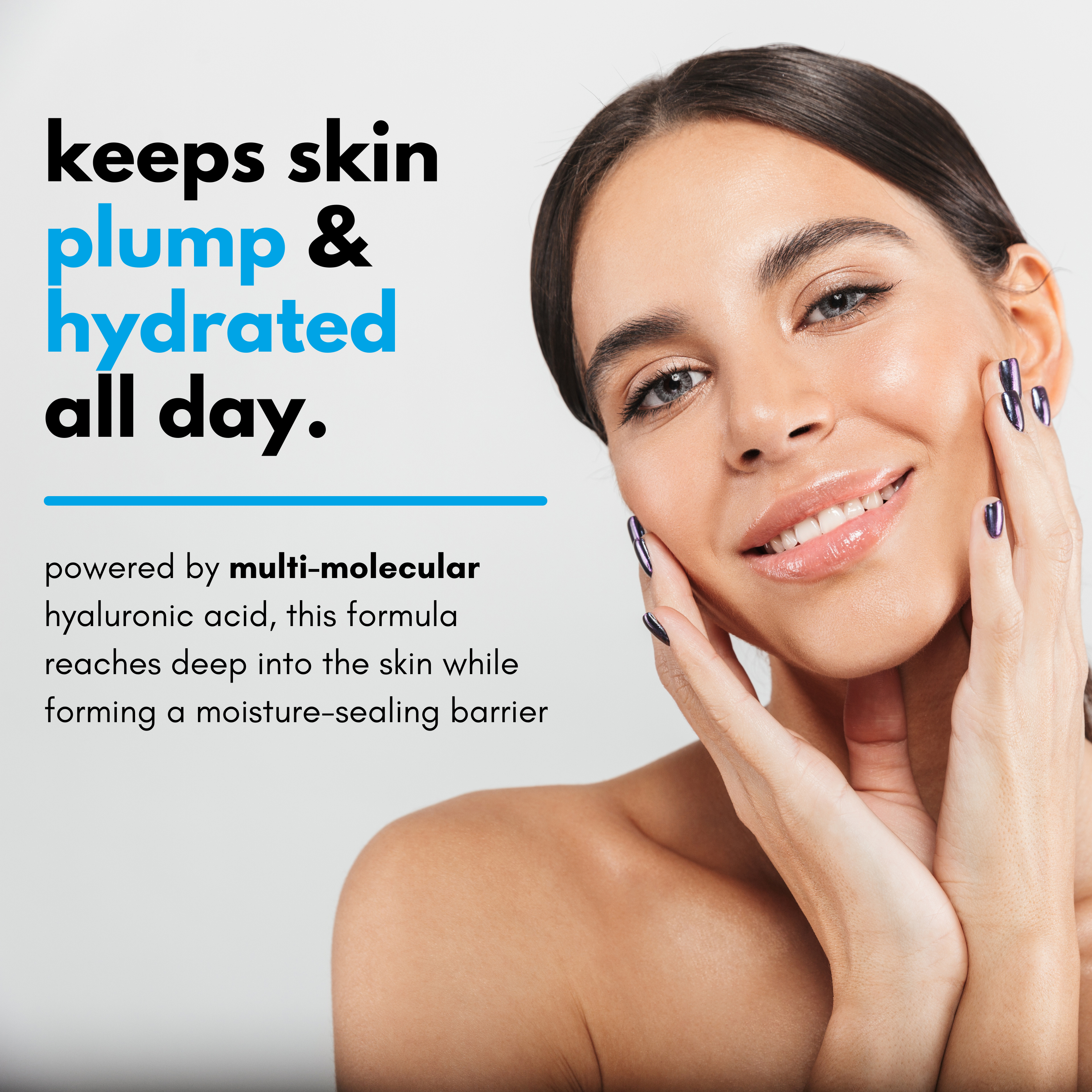 female touching hydrated skin using aqualift-hyaluronic-acid-moisturizer-gel from skinsetgo with text on the left