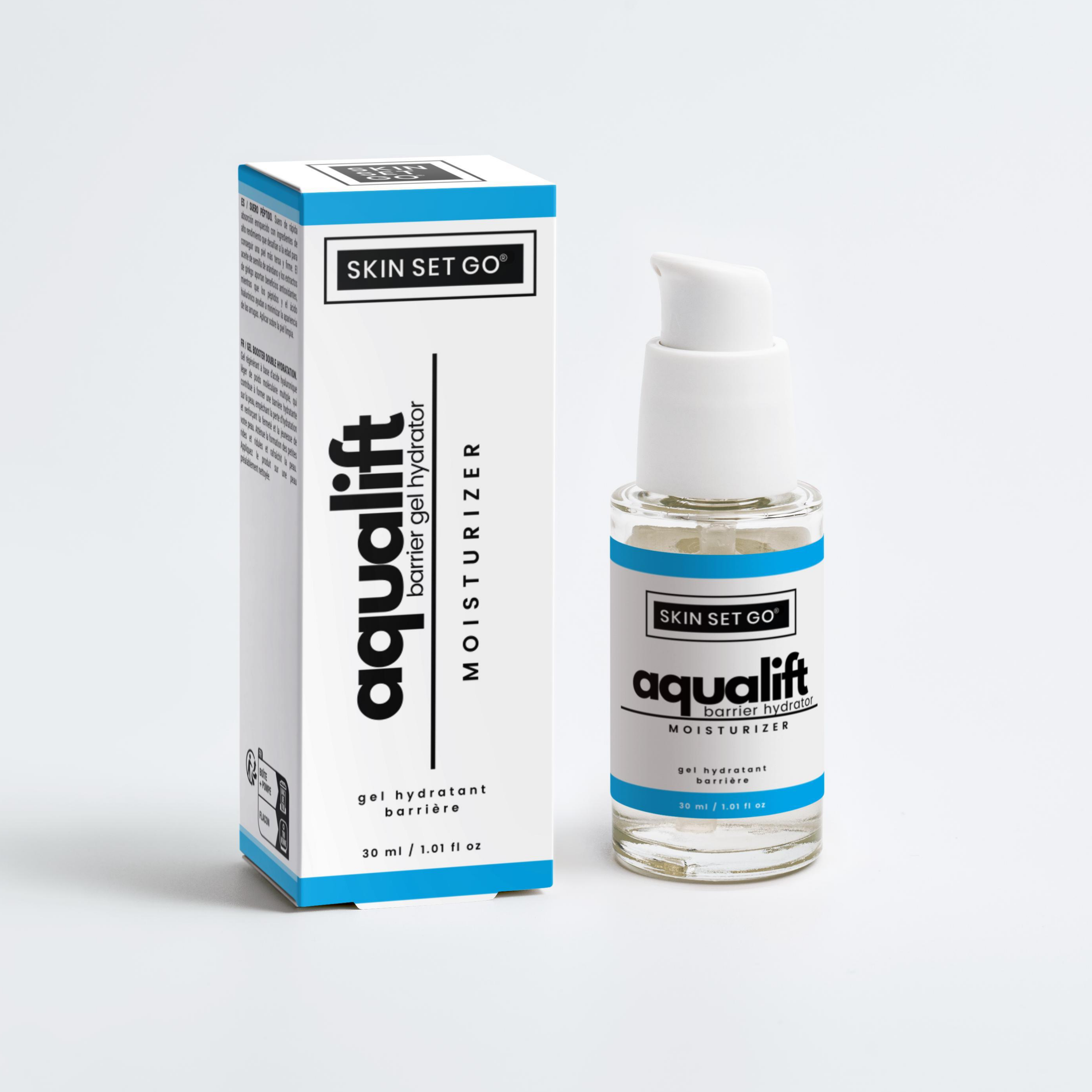 aqualift-hyaluronic-acid-moisturizer-gel-skinsetgo front box and glass bottle. 