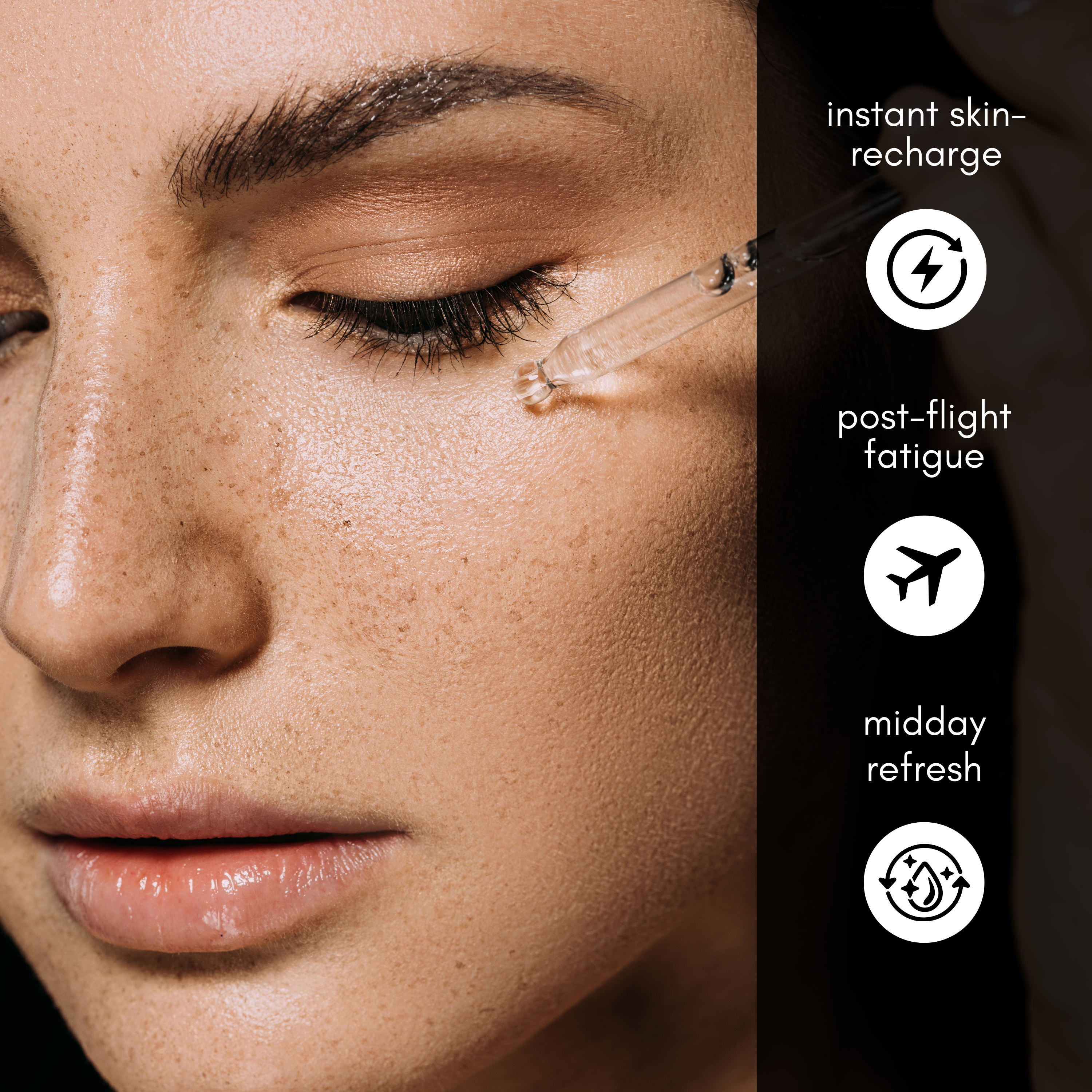 woman applying caffeine elixir serum from skinsetgo for her undereye
