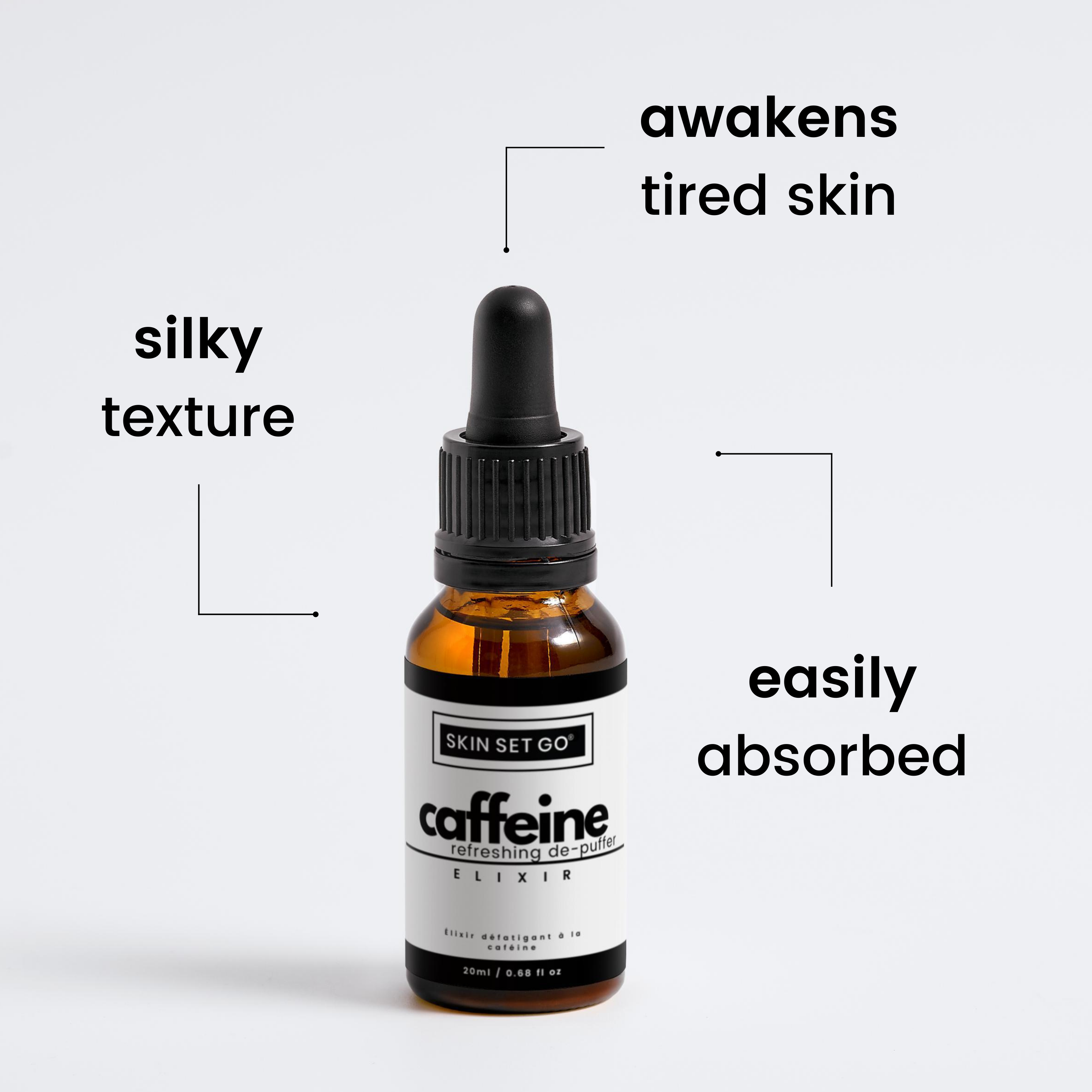 caffeine serum from skinsetgo bottle with benefits listed around 