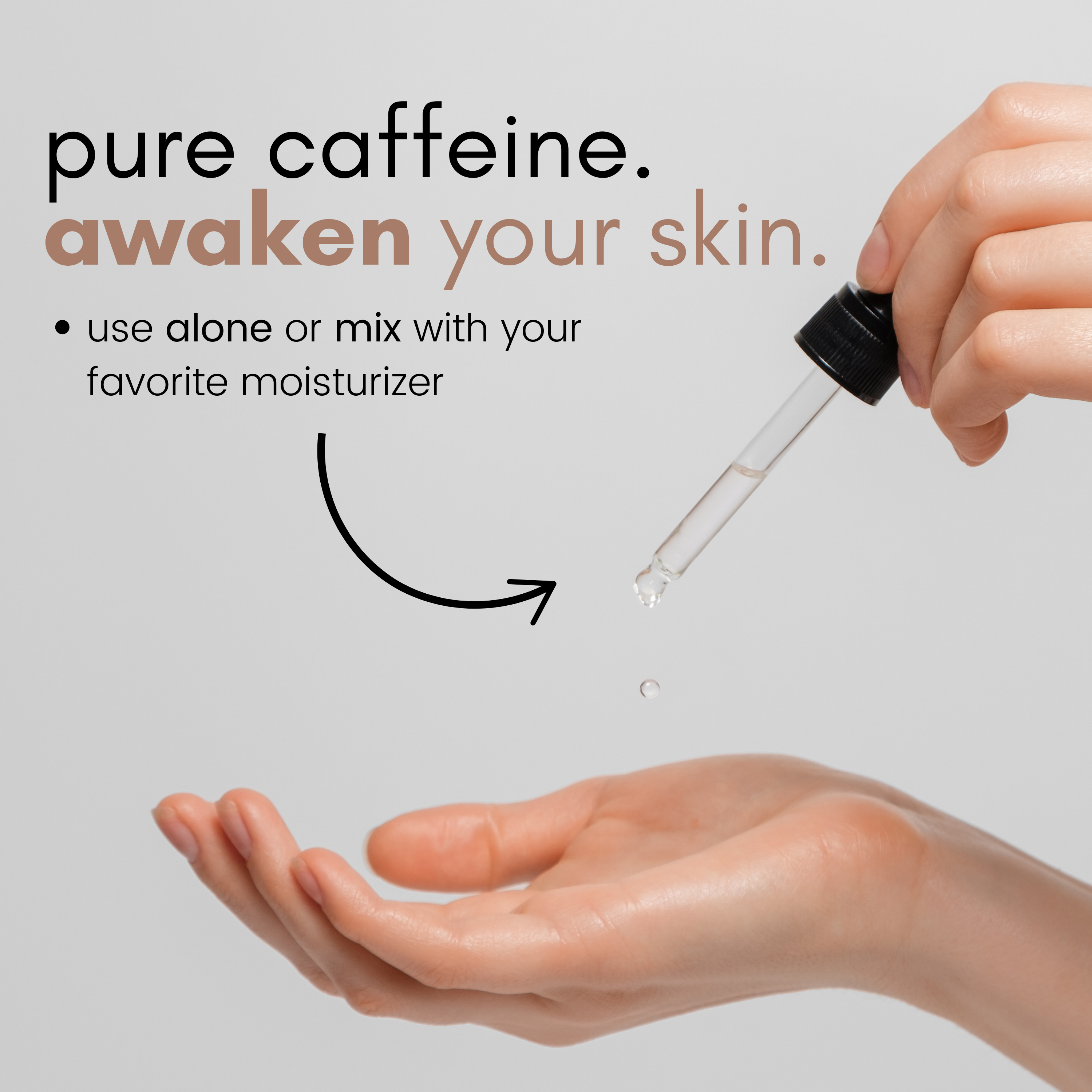 caffeine serum being applied onto hands to be applied for under eye. skinsetgo