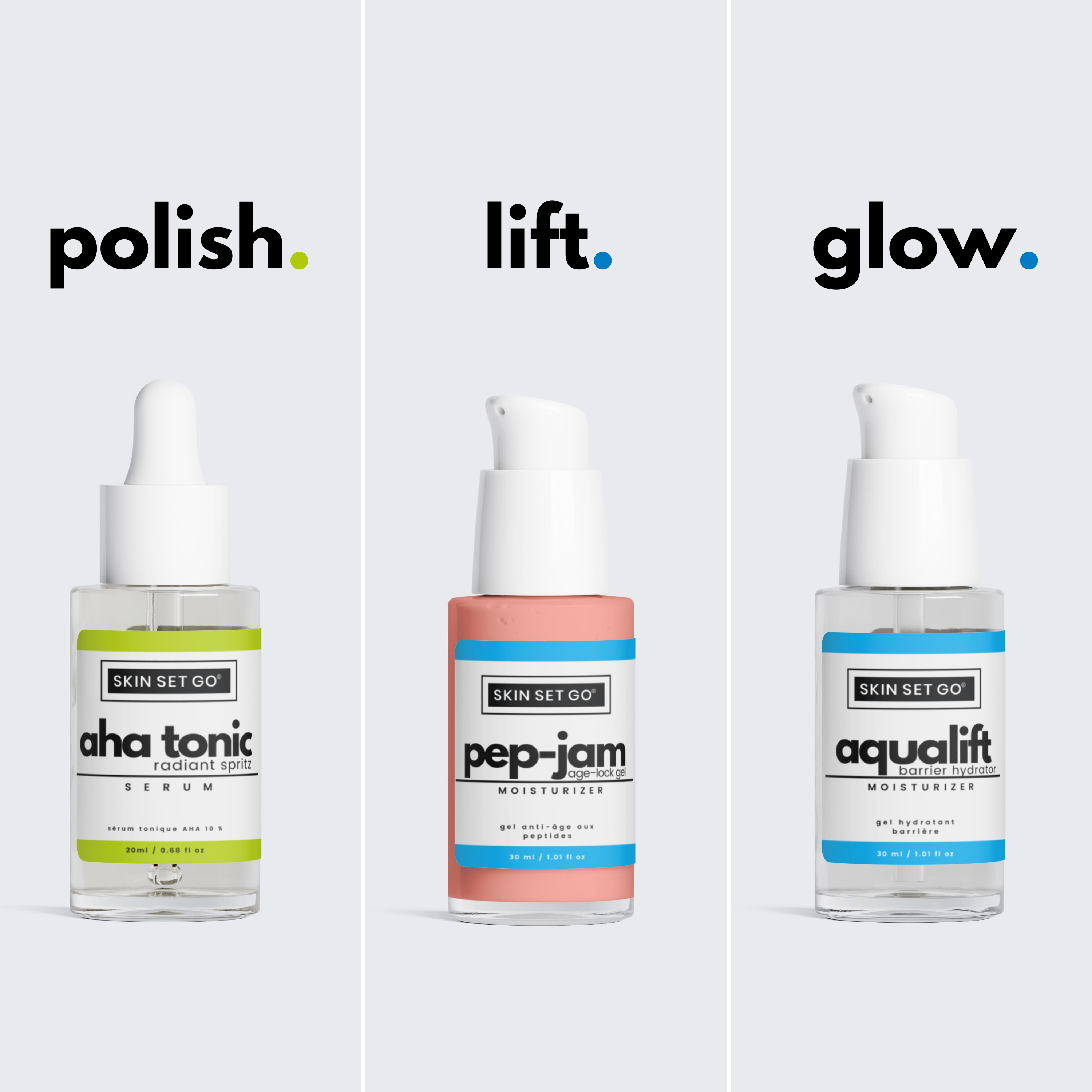 three skincare products that are included in the glow up box from skinsetgo. 