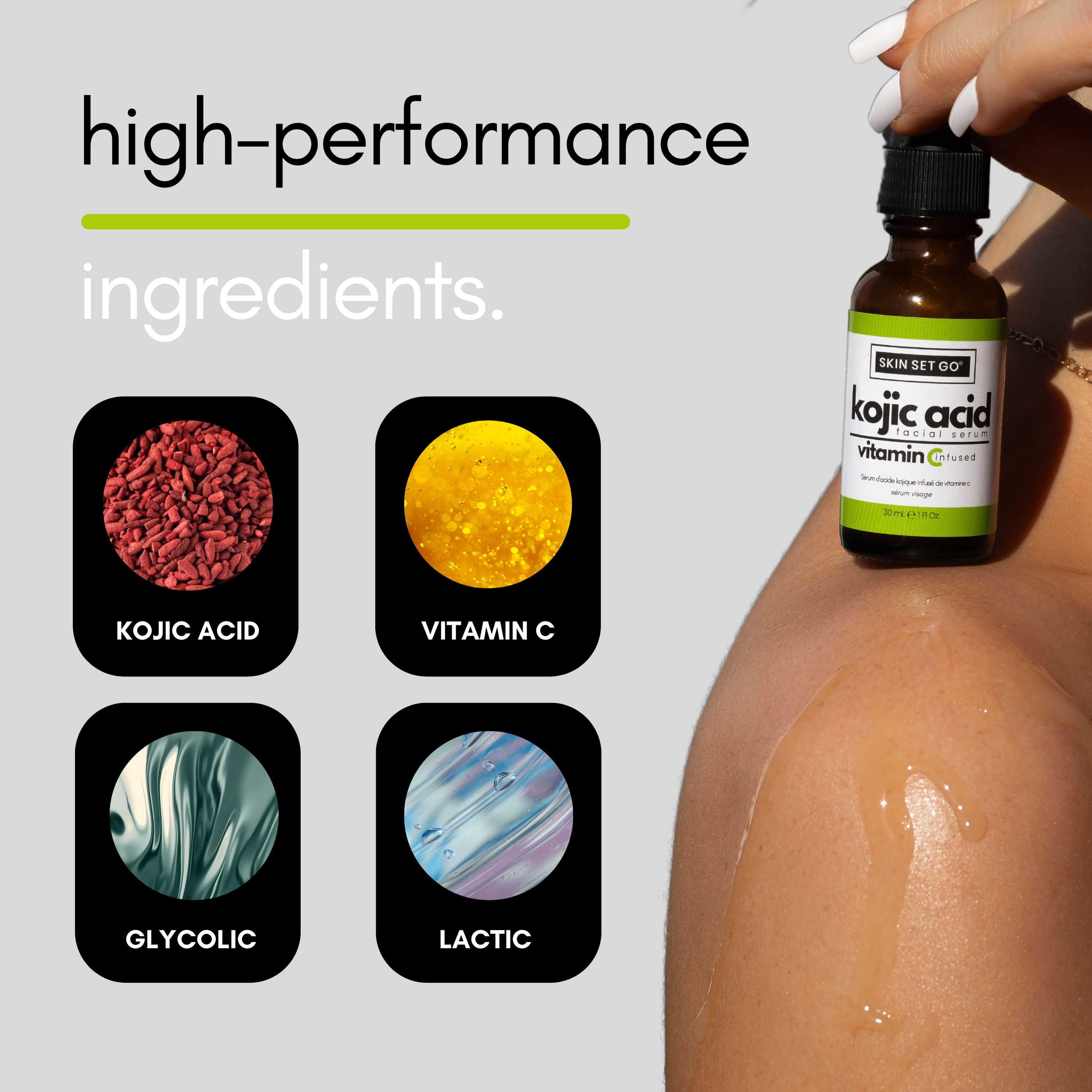 kojic acid serum skinsetgo main ingredients, kojic acid, vitamin c, glycolic acid, and lactic acid