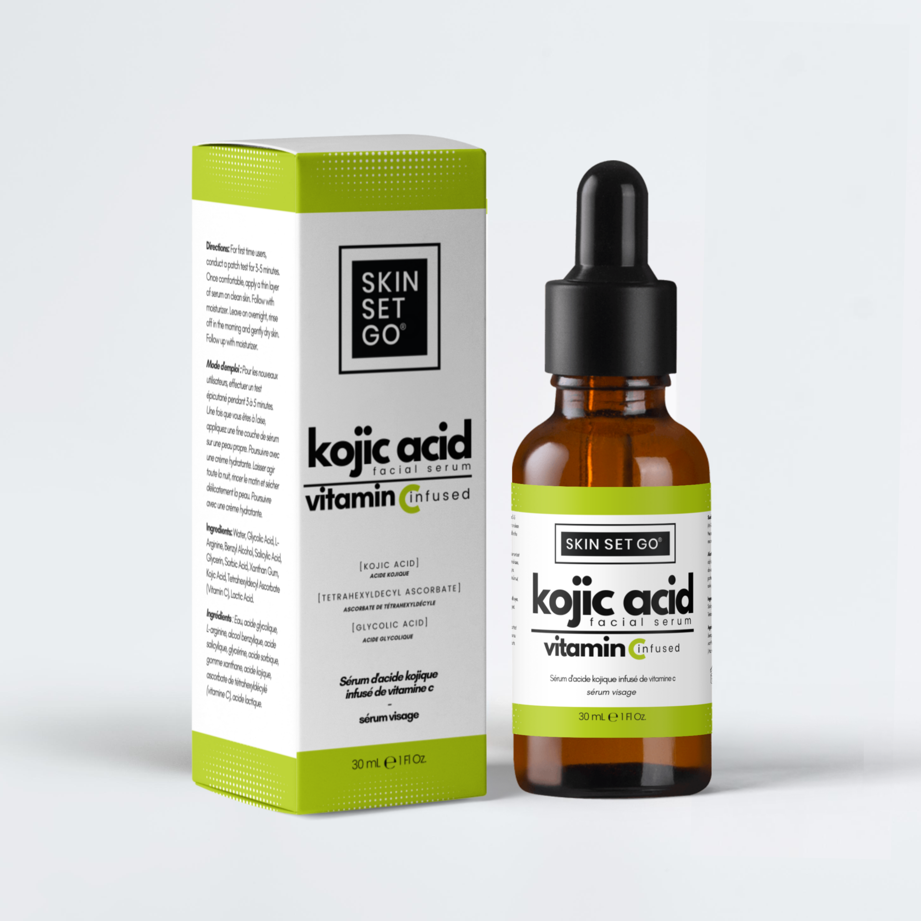 kojic acid serum skinsetgo front box and bottle. 