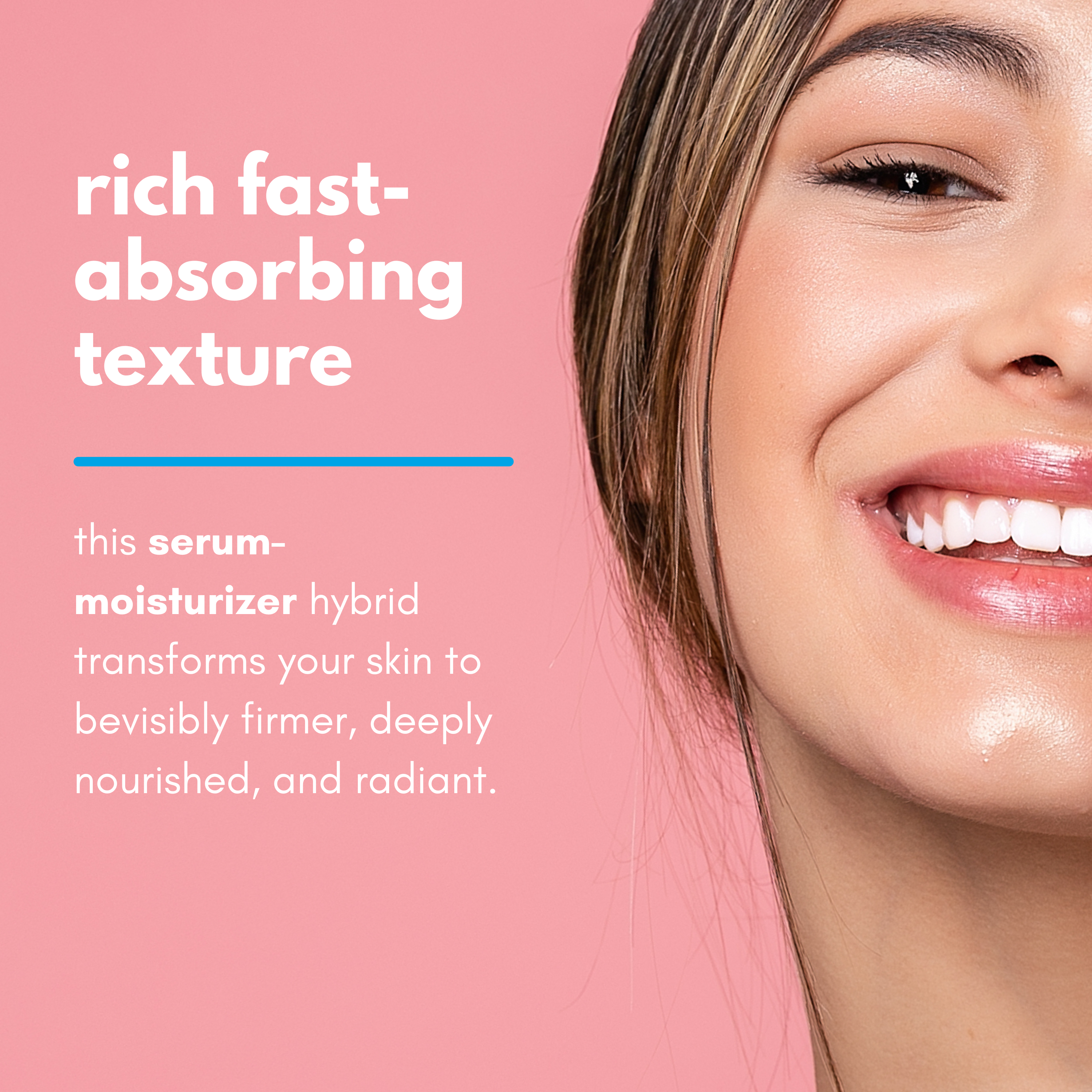 woman with firm and plump skin from using peptide moisturizer serum from skinsetgo with benefit text on the left. 